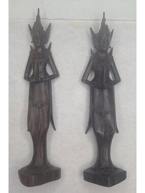 Hand‑Carved Wooden Southeast Asian Figures – Pair – Traditional Greeting Pose